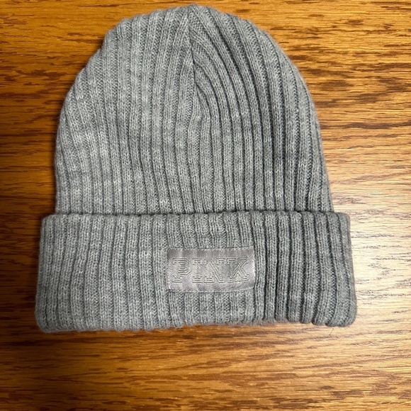 *VS PINK* Gray Knit Beanie Logo Hat - Picture 2 of 6